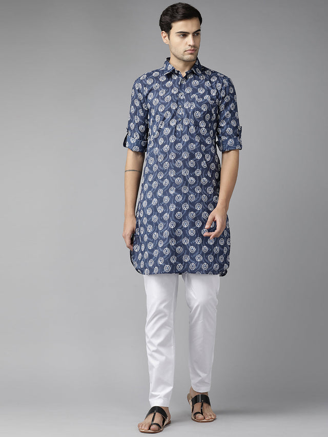 Buy Men's Indigo Pure Cotton Printed Pathani Set Online - Back