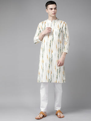 Buy Men's White Cotton Tie And Dye Print Straight Kurta Online