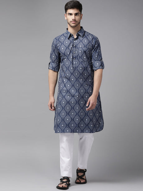 Buy Men's Indigo Pure Cotton Printed Pathani Set Online - Back
