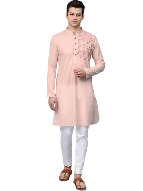 Buy Men's Pink Cotton Thread Embroidered Kurta Pajama Set Online - Side