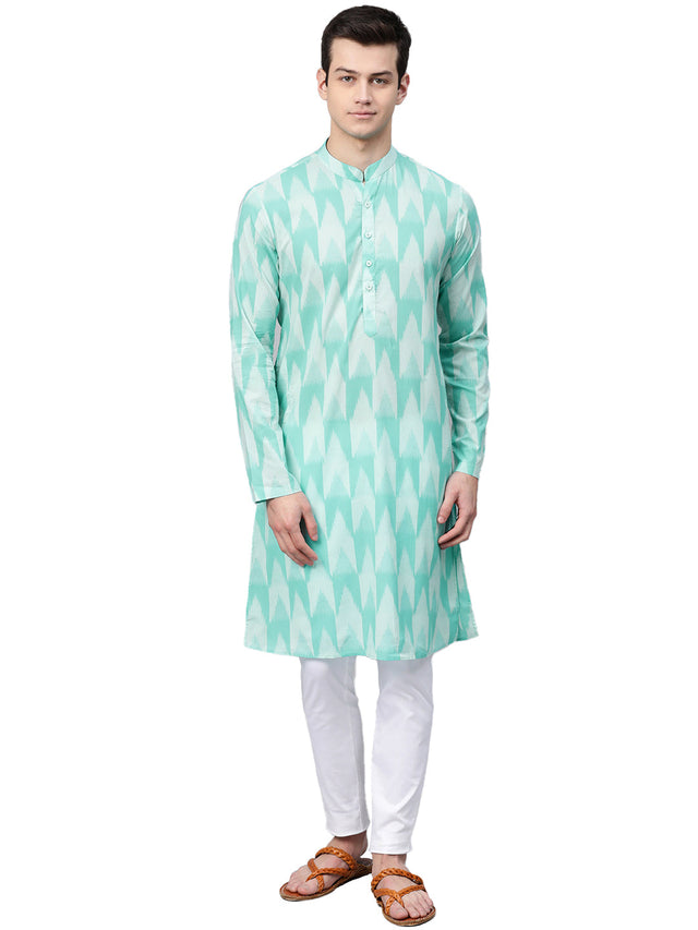 Buy Men's Turquoise Blue Cotton Ikat Printed Straight Kurta Online - Zoom In