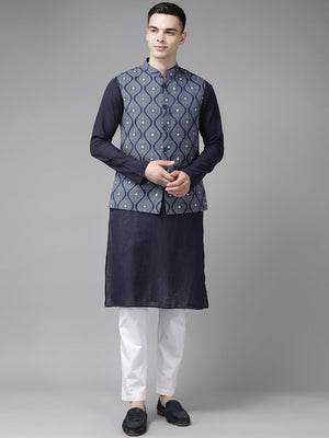 Buy Men's Blue Pure Cotton Printed Nehru Jacket Online - Back
