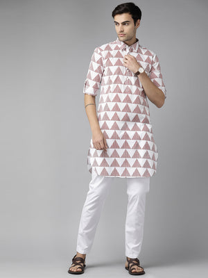 Buy Men's White Pure Cotton Chevron Printed Pathani Set Online - Back