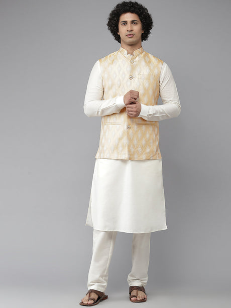 Buy Men's Gold Art Silk Jacquard Woven Design Nehru Jacket Online - Side