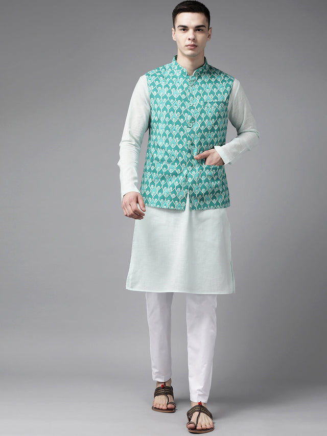 Buy Men's Green Pure Cotton Jacquard Woven Design Nehru Jacket Online - Back