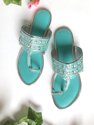 Vegan Leather Kolhapuri Flats In Turquoise