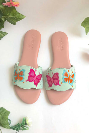 Soft Faux Leather Flats In Sea Green And Pink