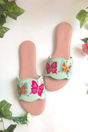 Soft Faux Leather Flats In Sea Green And Pink