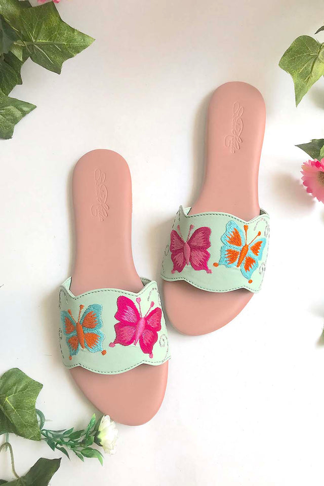 Soft Faux Leather Flats In Sea Green And Pink