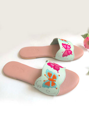 Soft Faux Leather Flats In Sea Green And Pink