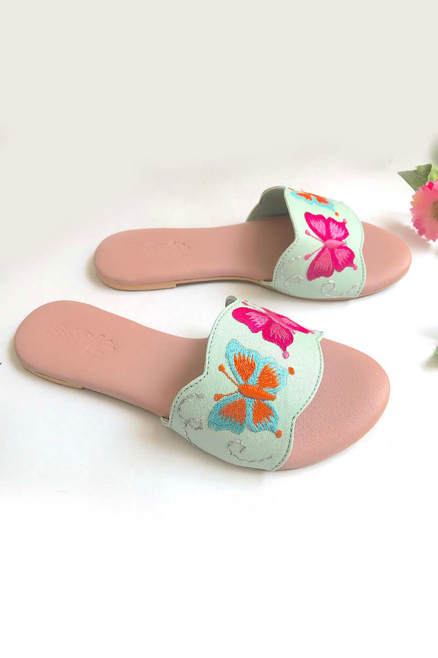 Soft Faux Leather Flats In Sea Green And Pink