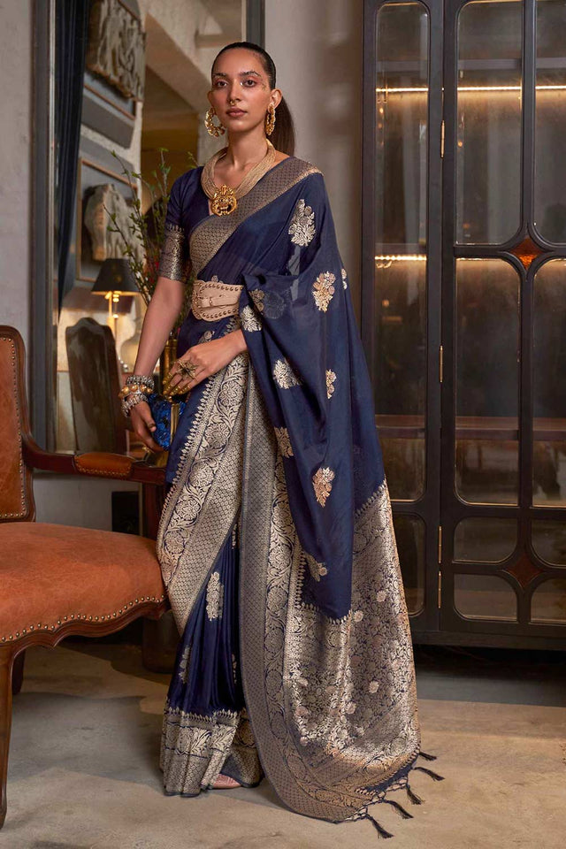 Indigo Khadi Georgette Nylon Weaving Saree