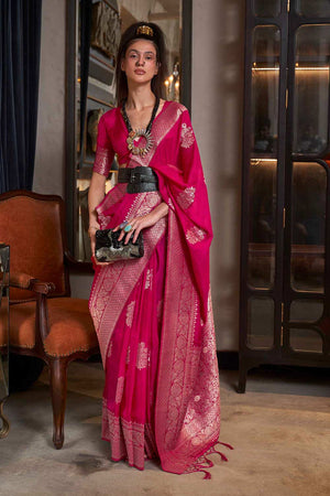 Red Khadi Georgette Nylon Weaving Saree