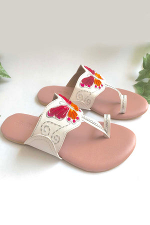 Soft Faux Leather Kolhapuri Flats In White And Pink