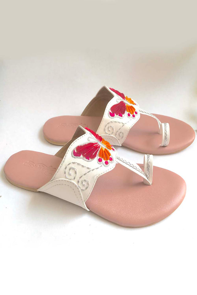 Soft Faux Leather Kolhapuri Flats In White And Pink