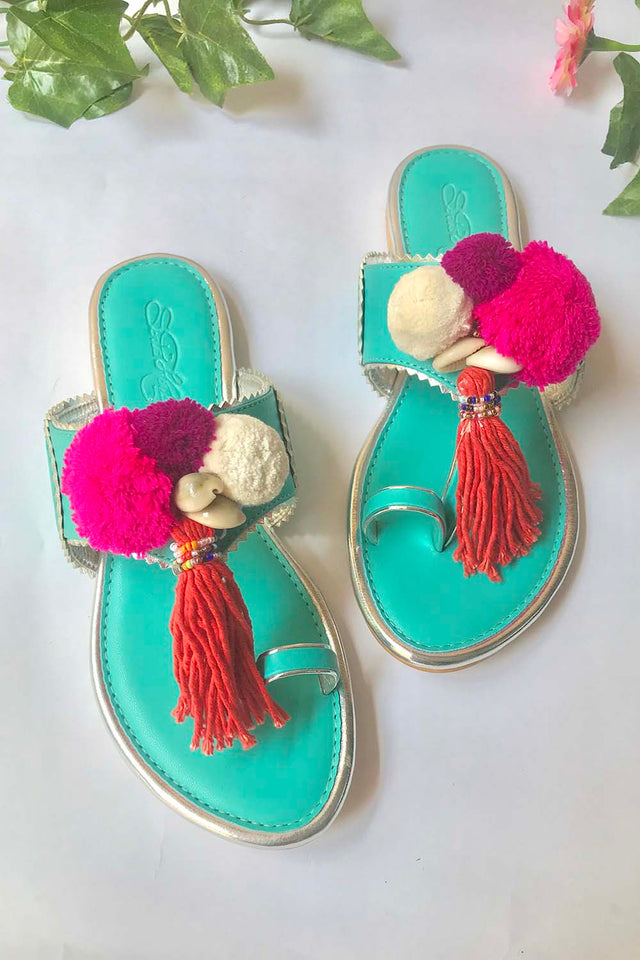 Soft Faux Leather Kolhapuri Flats In Pink And Turquoise