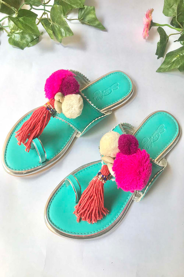 Soft Faux Leather Kolhapuri Flats In Pink And Turquoise