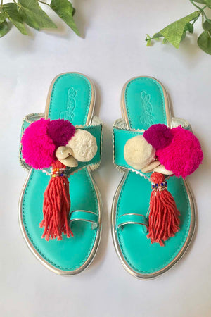 Soft Faux Leather Kolhapuri Flats In Pink And Turquoise
