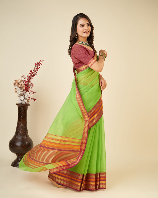Parrot Green Semi Cotton Doriya Saree
