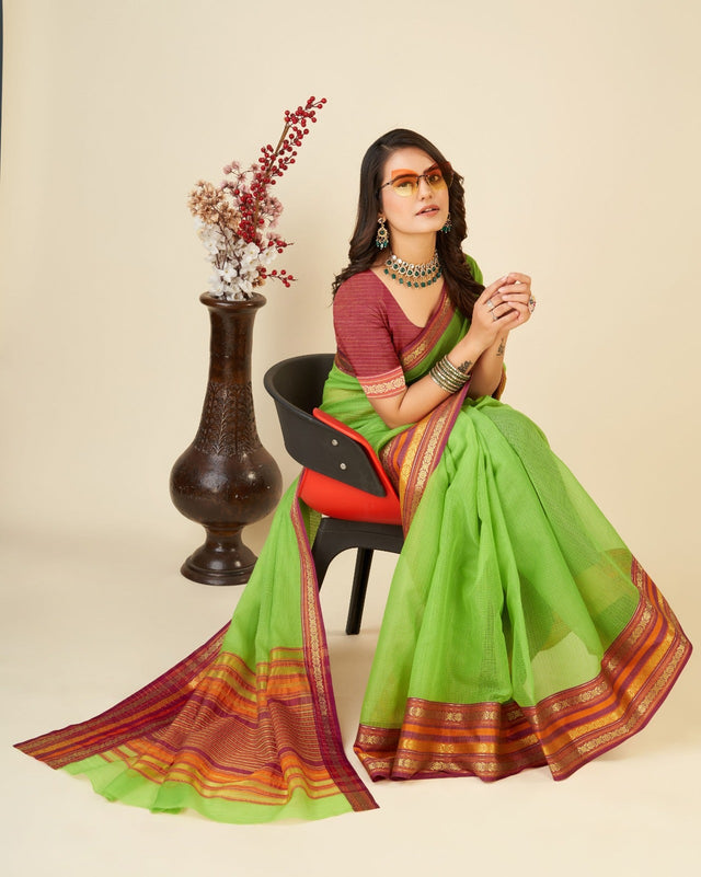 Parrot Green Semi Cotton Doriya Saree