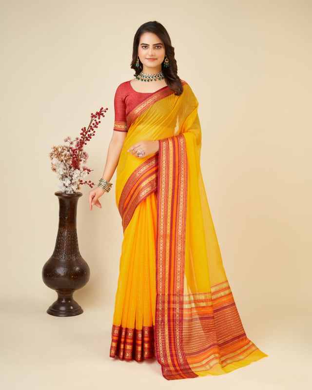 Yellow Semi Cotton Doriya Saree