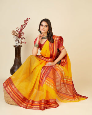 Yellow Semi Cotton Doriya Saree