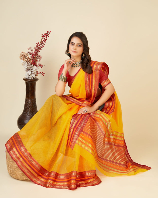 Yellow Semi Cotton Doriya Saree