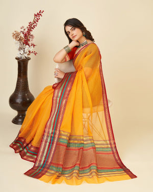Dark Yellow Semi Cotton Doriya Saree