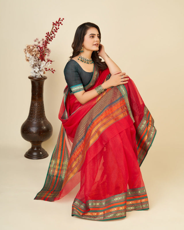Red Semi Cotton Doriya Saree