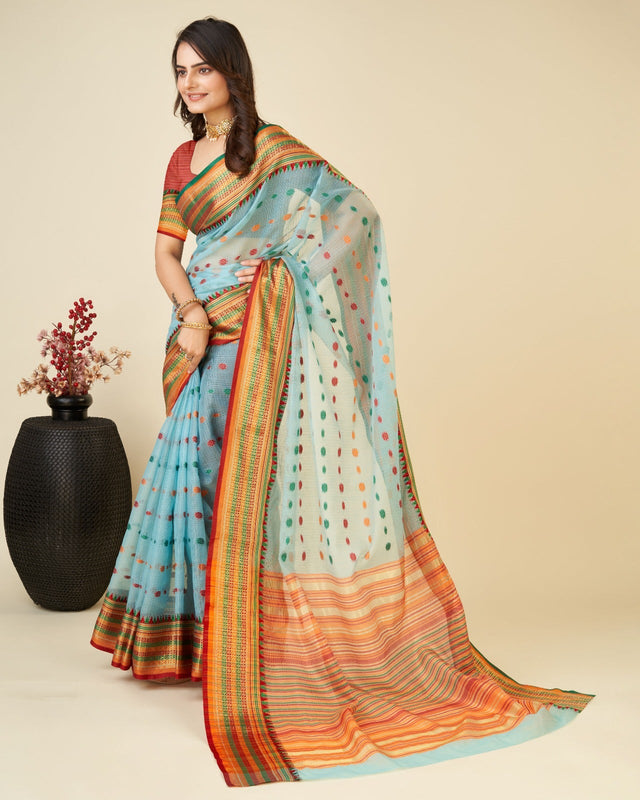 Sky Blue Semi Cotton Doriya Saree