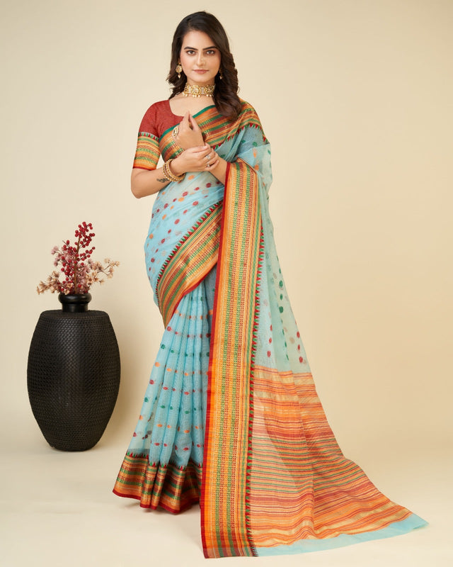 Sky Blue Semi Cotton Doriya Saree