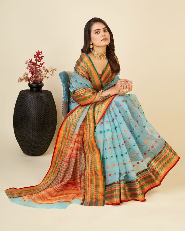 Sky Blue Semi Cotton Doriya Saree