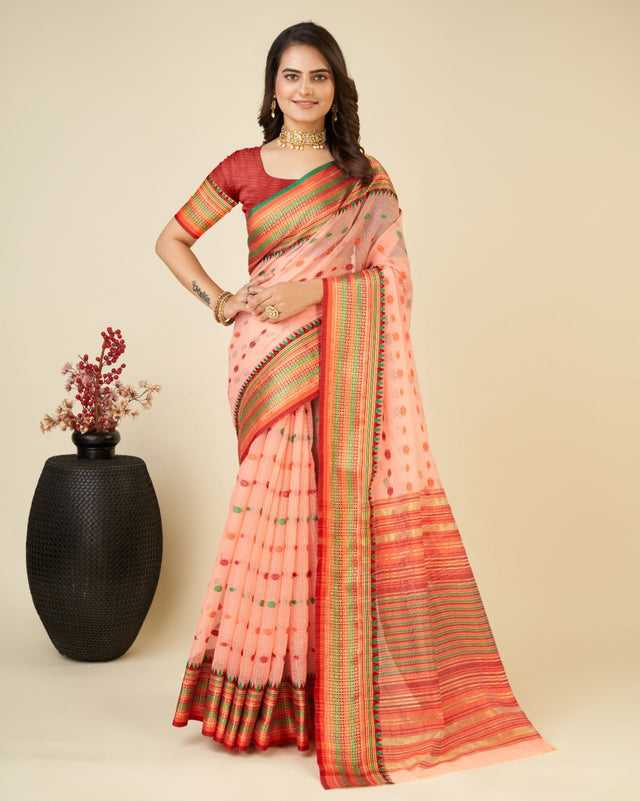 Pink Semi Cotton Doriya Saree