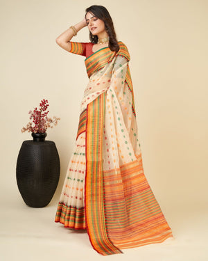 Off White Semi Cotton Doriya Saree