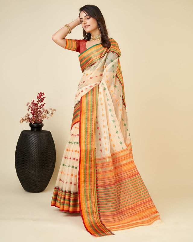 Off White Semi Cotton Doriya Saree