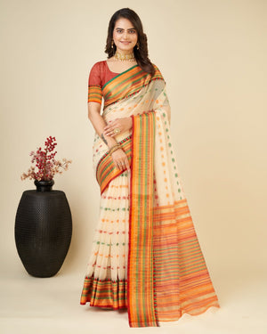 Off White Semi Cotton Doriya Saree
