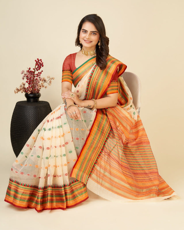 Off White Semi Cotton Doriya Saree