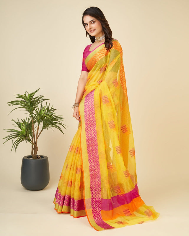 Yellow Semi Cotton Doriya Saree