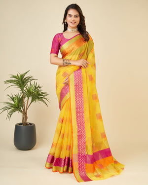 Yellow Semi Cotton Doriya Saree