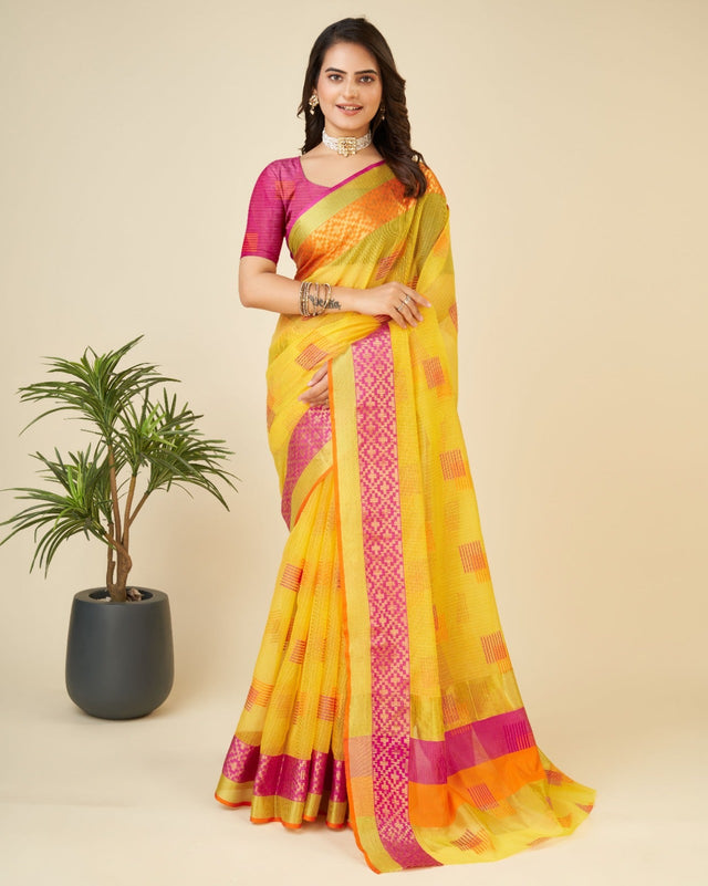 Yellow Semi Cotton Doriya Saree