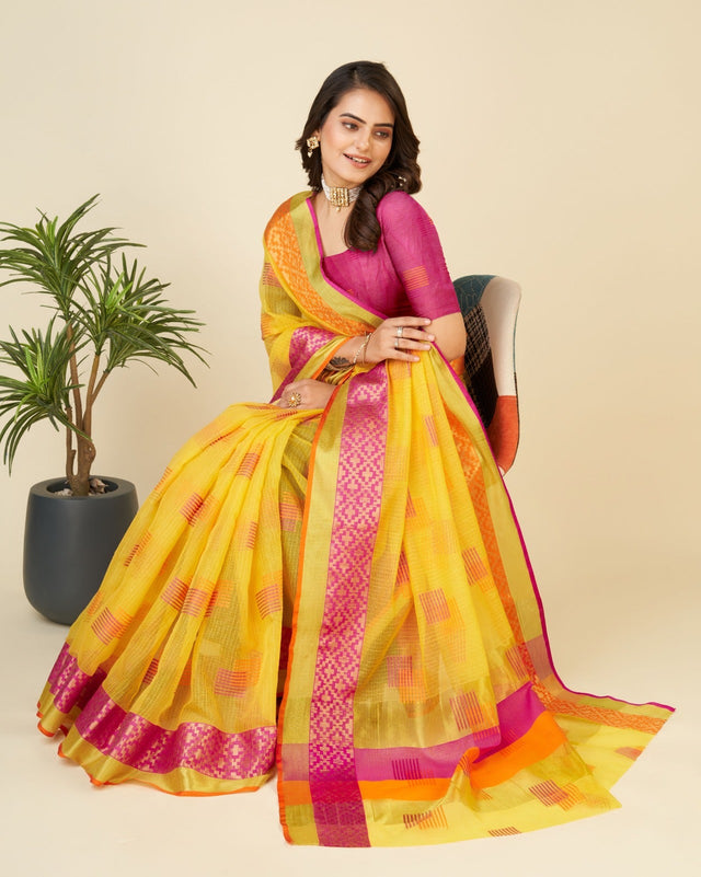 Yellow Semi Cotton Doriya Saree