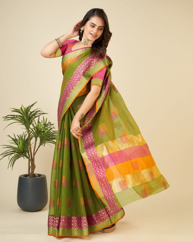 Green Semi Cotton Doriya Saree