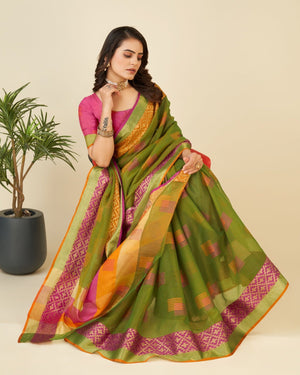 Green Semi Cotton Doriya Saree
