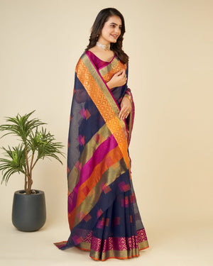 Blue Semi Cotton Doriya Saree