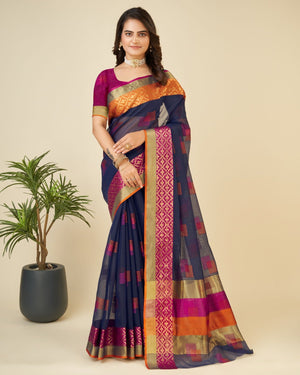 Blue Semi Cotton Doriya Saree