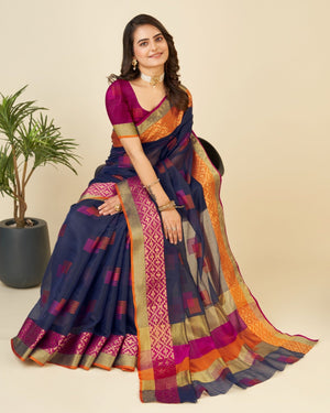 Blue Semi Cotton Doriya Saree