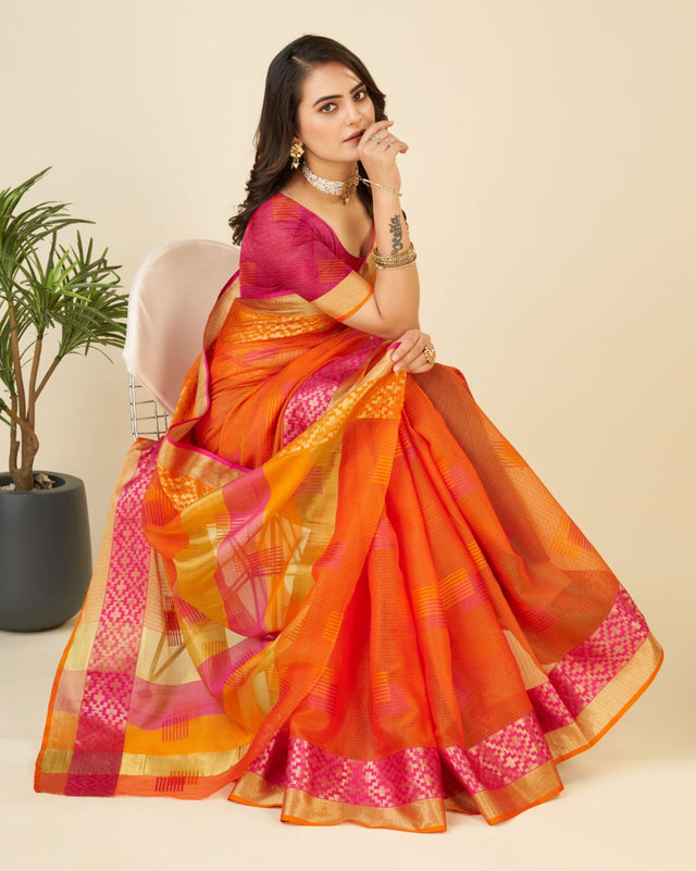 Yellow Semi Cotton Doriya Saree