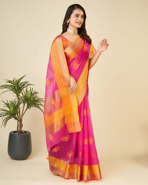 Pink Semi Cotton Doriya Saree