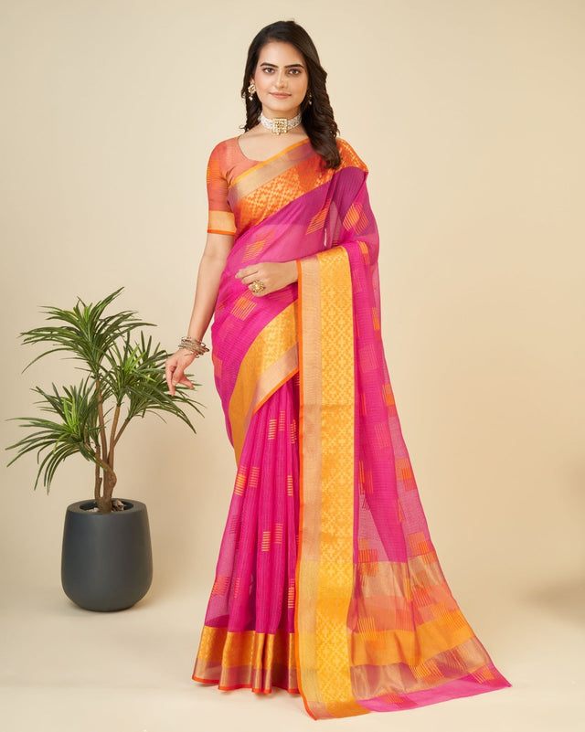 Pink Semi Cotton Doriya Saree