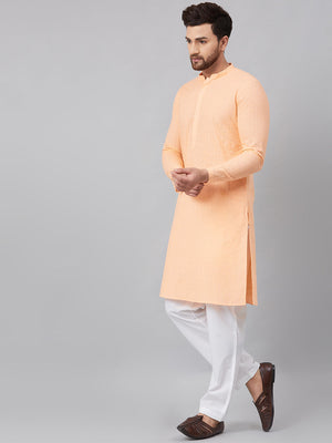 Buy Men's Peach Cotton Chikankari Embroidered Straight Kurta Online - Front